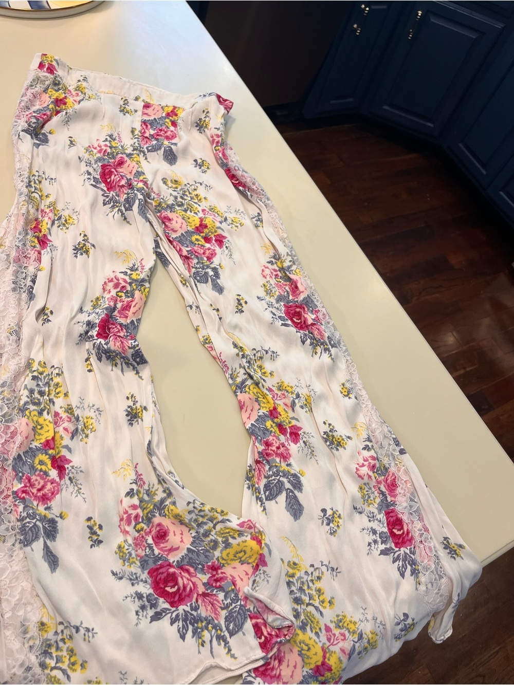 Anthropologie White Wide-Leg Pants with Pink & Yellow Floral Print